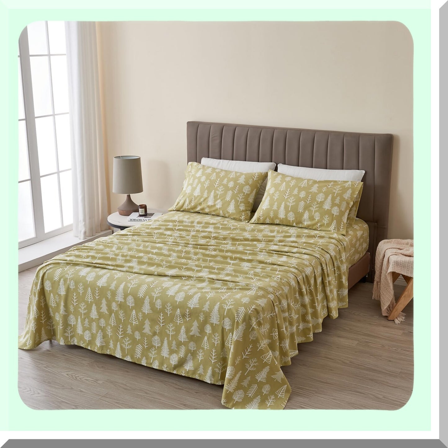 Winter Lodge Flannel Sheet Set - Double-Brushed Cotton Bedding with Winter Forest Print - 4 Piece Cotton Sheets & Pillowcases in Sage/Red