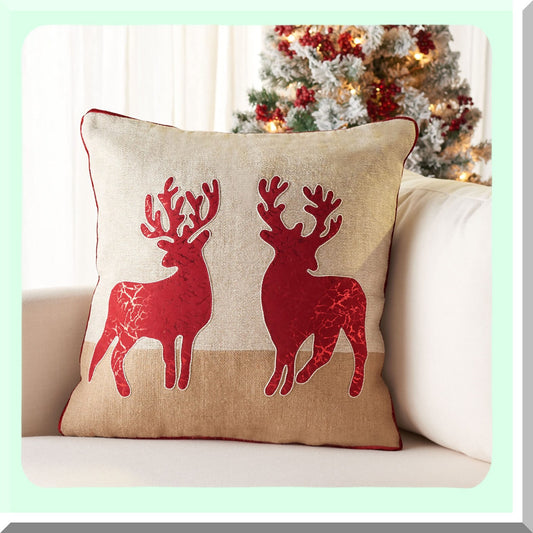 Rustic Reindeer Holiday Cotton Throw Pillow - Beige/Red 20-inch Square Decorative Accent Insert for Home Collection