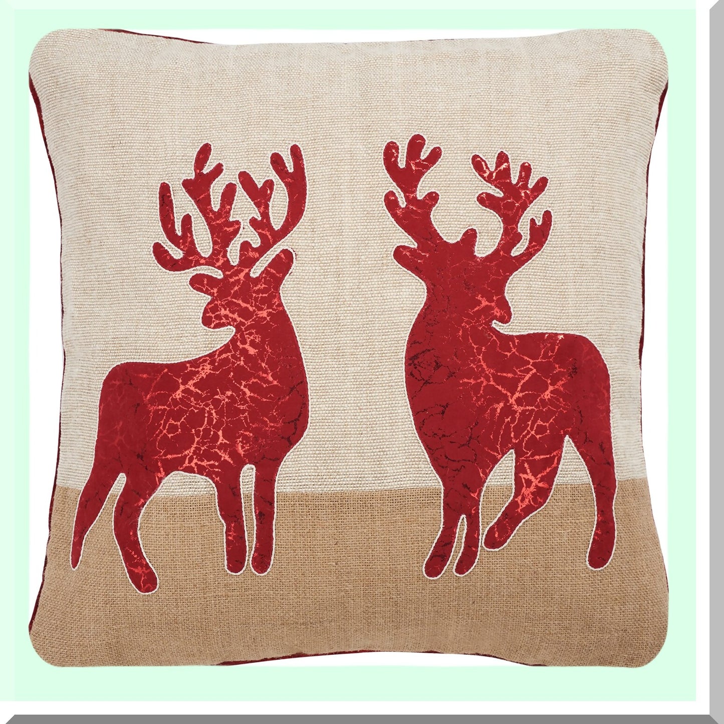 Rustic Reindeer Holiday Cotton Throw Pillow - Beige/Red 20-inch Square Decorative Accent Insert for Home Collection