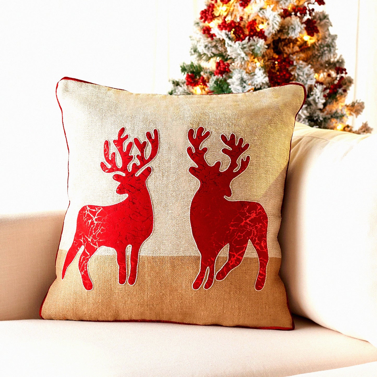 Rustic Reindeer Holiday Cotton Throw Pillow - Beige/Red 20-inch Square Decorative Accent Insert for Home Collection