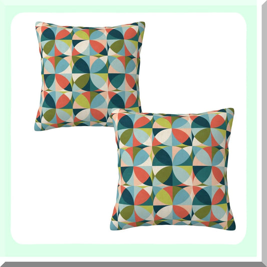 Mid Century Geometric Linen Pillow Covers - Set of 2 Decorative Throw Pillow Cases for Couch Sofa, Bedroom, Patio - Square Cushion Cover in Modern Colors - 18x18 Inch