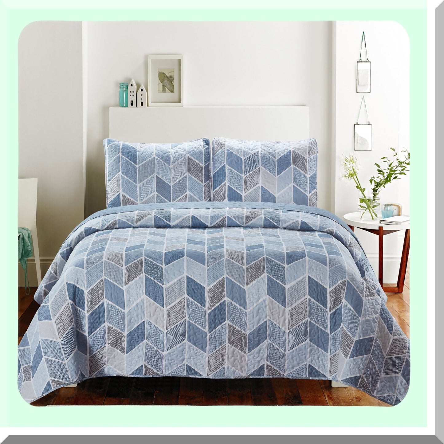 Coastal Breeze Twin Bedding Set - Cream & Blue Chevron Quilt with Sham. Farmhouse Comforter, Rustic Summer Blanket, Blue & Grey Coverlet.