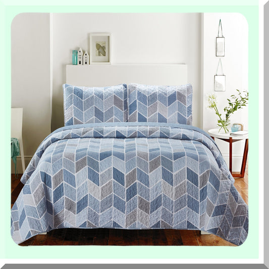 Coastal Breeze Twin Bedding Set - Cream & Blue Chevron Quilt with Sham. Farmhouse Comforter, Rustic Summer Blanket, Blue & Grey Coverlet.