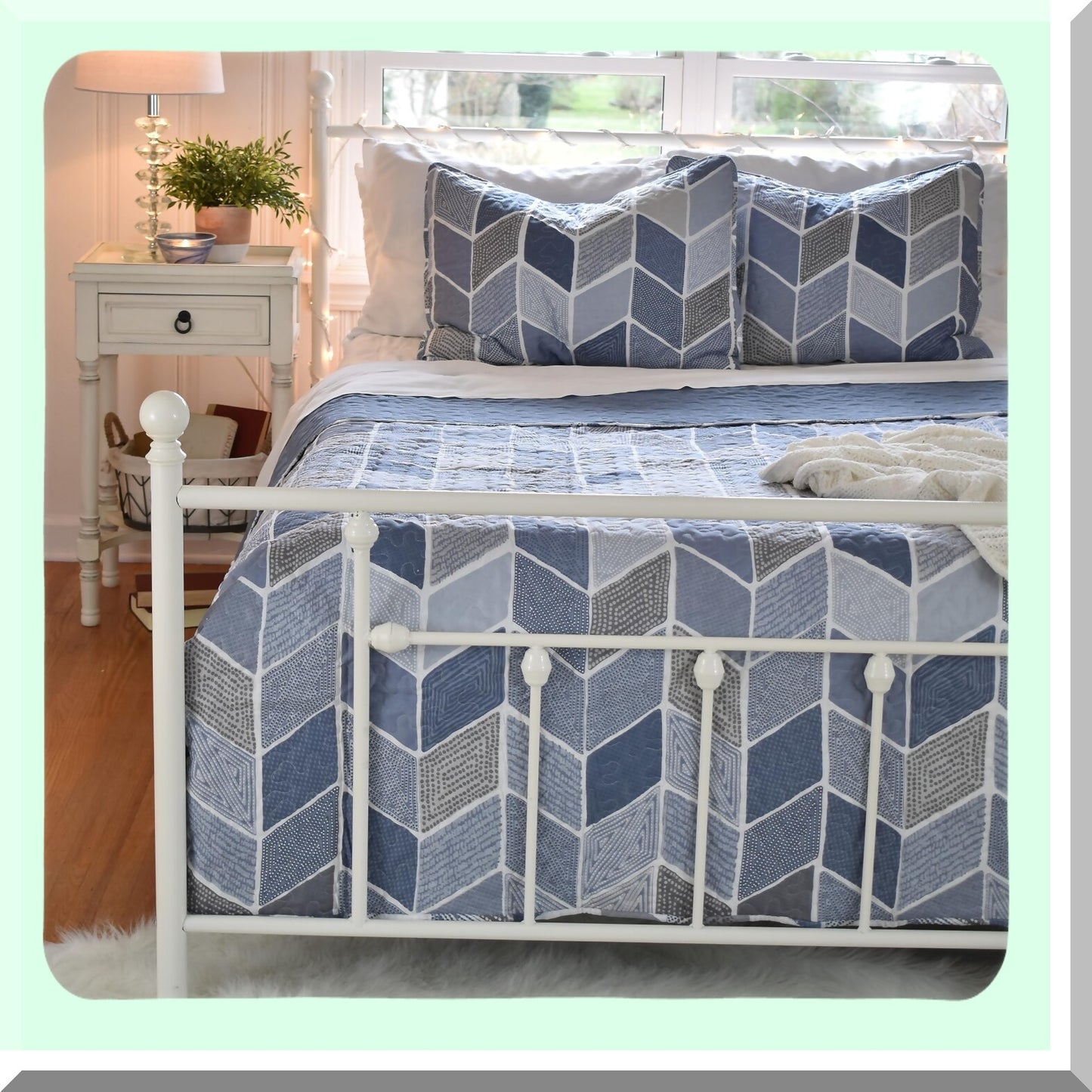 Coastal Breeze Twin Bedding Set - Cream & Blue Chevron Quilt with Sham. Farmhouse Comforter, Rustic Summer Blanket, Blue & Grey Coverlet.