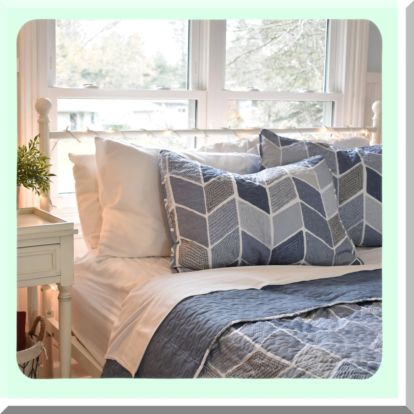 Coastal Breeze Twin Bedding Set - Cream & Blue Chevron Quilt with Sham. Farmhouse Comforter, Rustic Summer Blanket, Blue & Grey Coverlet.