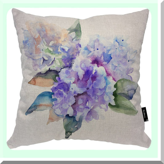 Hydrangea Blue Watercolor Blossom Pillow Cover - 18x18 Square Cotton Linen Cushion Case - Home Office School Decor for Men Women Boys Girls