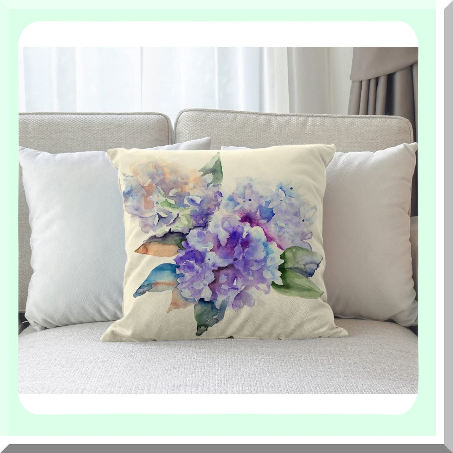 Hydrangea Blue Watercolor Blossom Pillow Cover - 18x18 Square Cotton Linen Cushion Case - Home Office School Decor for Men Women Boys Girls