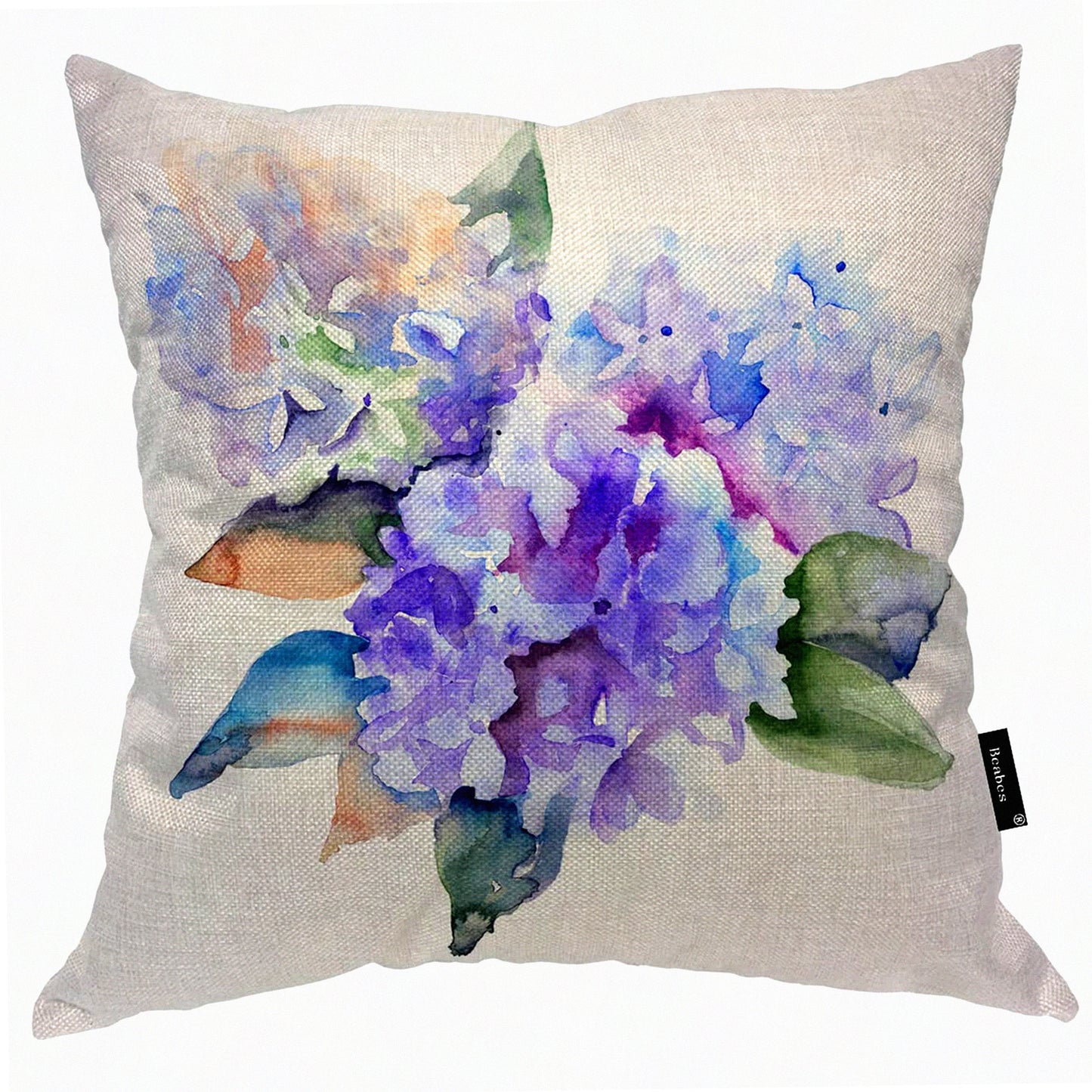 Hydrangea Blue Watercolor Blossom Pillow Cover - 18x18 Square Cotton Linen Cushion Case - Home Office School Decor for Men Women Boys Girls