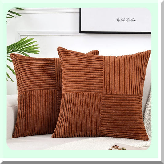 Rustic Boho Patchwork Pillow Covers - Set of 2 | Farmhouse Decorative Cushion Cases for Couch, Bed, Sofa | Soft Corduroy Textured Terracotta Accent - 18x18 Inch