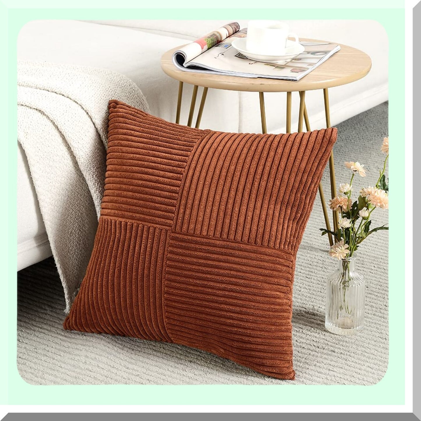 Rustic Boho Patchwork Pillow Covers - Set of 2 | Farmhouse Decorative Cushion Cases for Couch, Bed, Sofa | Soft Corduroy Textured Terracotta Accent - 18x18 Inch