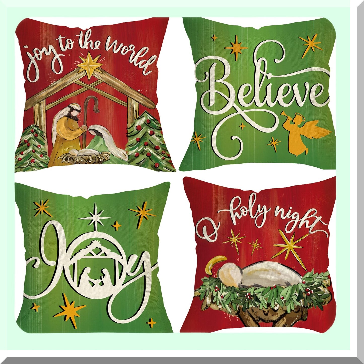 Holiday Spirit Nativity Scene Pillow Covers - Set of 4, Christmas Red Green O Holy Night Jesus Religious Decor, Joy to The World Winter Cushion Case