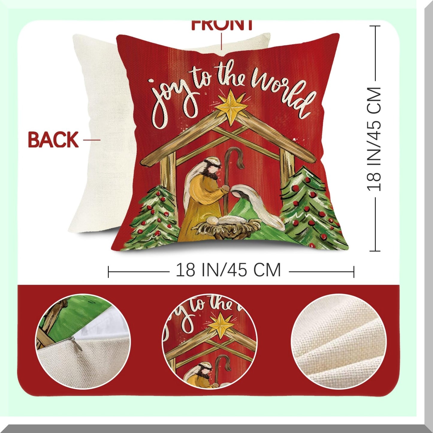 Holiday Spirit Nativity Scene Pillow Covers - Set of 4, Christmas Red Green O Holy Night Jesus Religious Decor, Joy to The World Winter Cushion Case