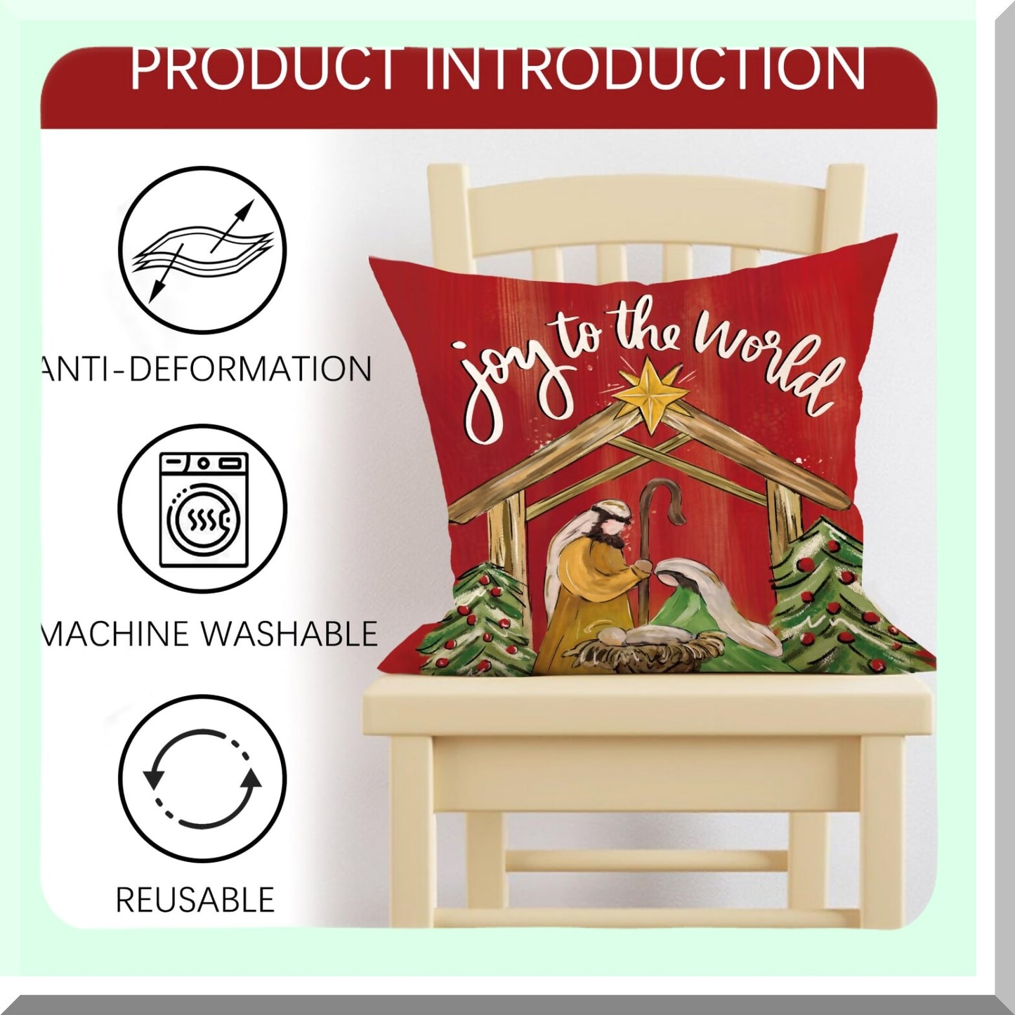 Holiday Spirit Nativity Scene Pillow Covers - Set of 4, Christmas Red Green O Holy Night Jesus Religious Decor, Joy to The World Winter Cushion Case