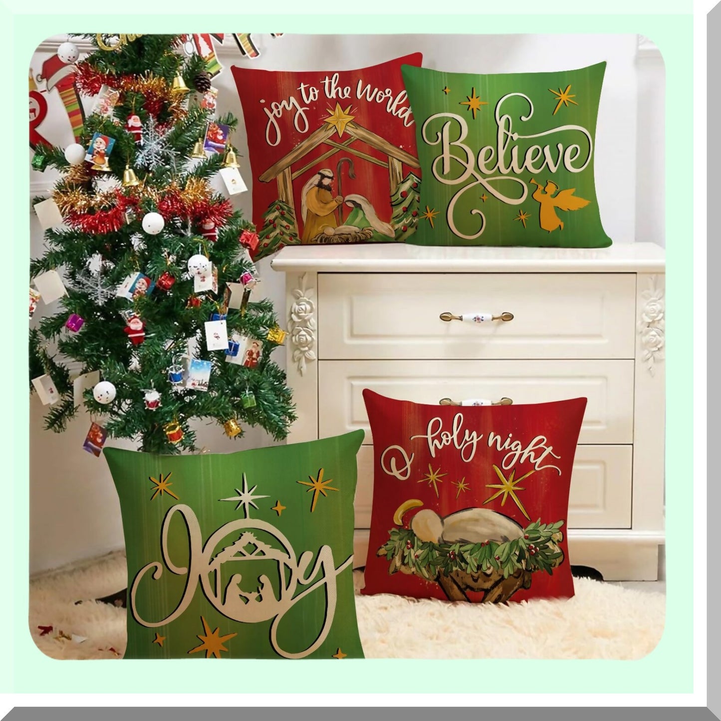 Holiday Spirit Nativity Scene Pillow Covers - Set of 4, Christmas Red Green O Holy Night Jesus Religious Decor, Joy to The World Winter Cushion Case