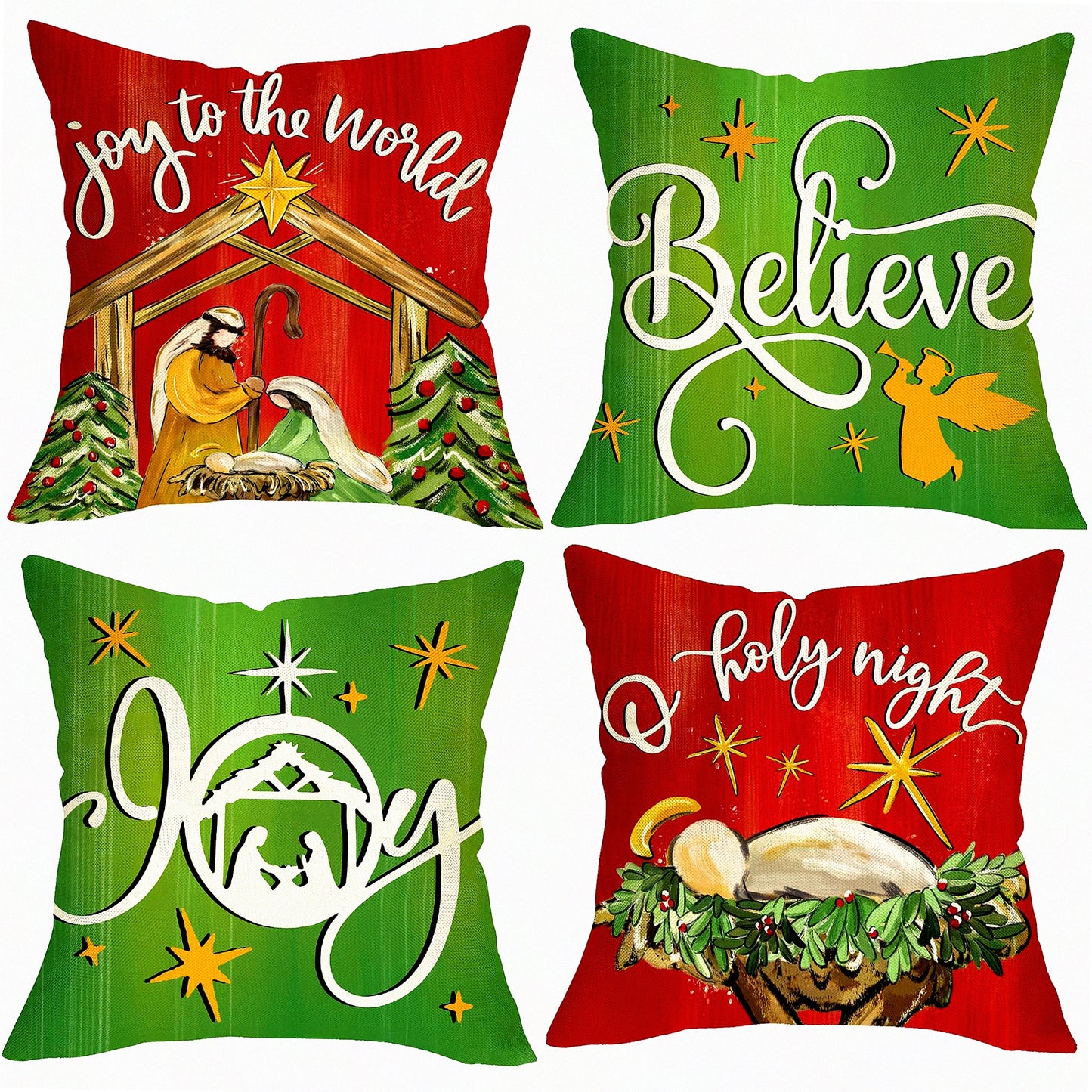 Holiday Spirit Nativity Scene Pillow Covers - Set of 4, Christmas Red Green O Holy Night Jesus Religious Decor, Joy to The World Winter Cushion Case