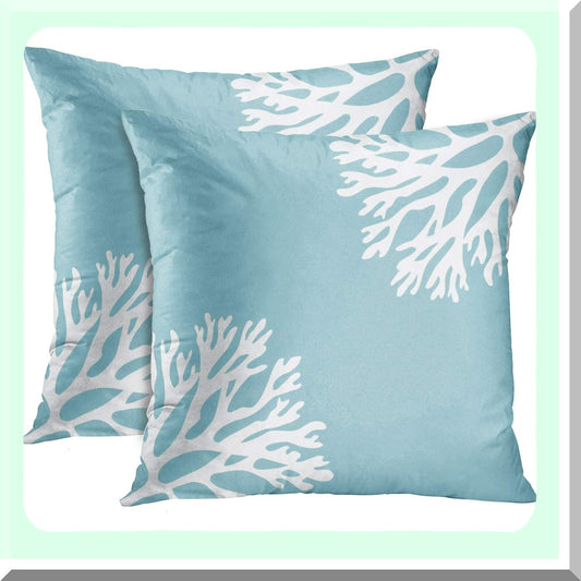 Coral Silhouettes Sea Blue Throw Pillow Set - Decorative Home Decor Case - Square 18x18 Inch Pillowcase - Light Hue Cover