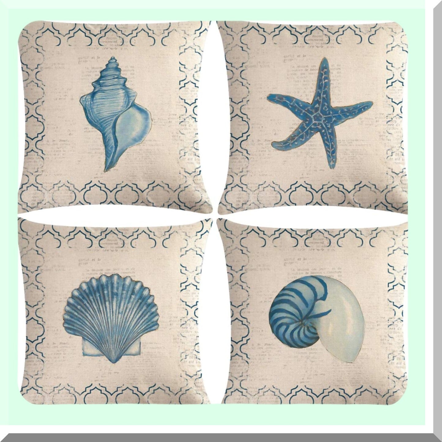 Sea Breeze Nautical Pillow Covers Set - Coastal Beach Starfish & Shell Cushion Cover Collection - Navigation Sailing Cotton Linen Decorative Pillowcases - 18x18 for Sofa Couch Porch