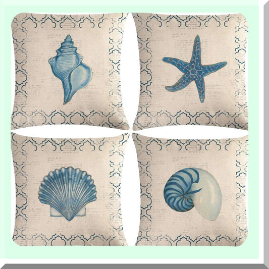 Sea Breeze Nautical Pillow Covers Set - Coastal Beach Starfish & Shell Cushion Cover Collection - Navigation Sailing Cotton Linen Decorative Pillowcases - 18x18 for Sofa Couch Porch
