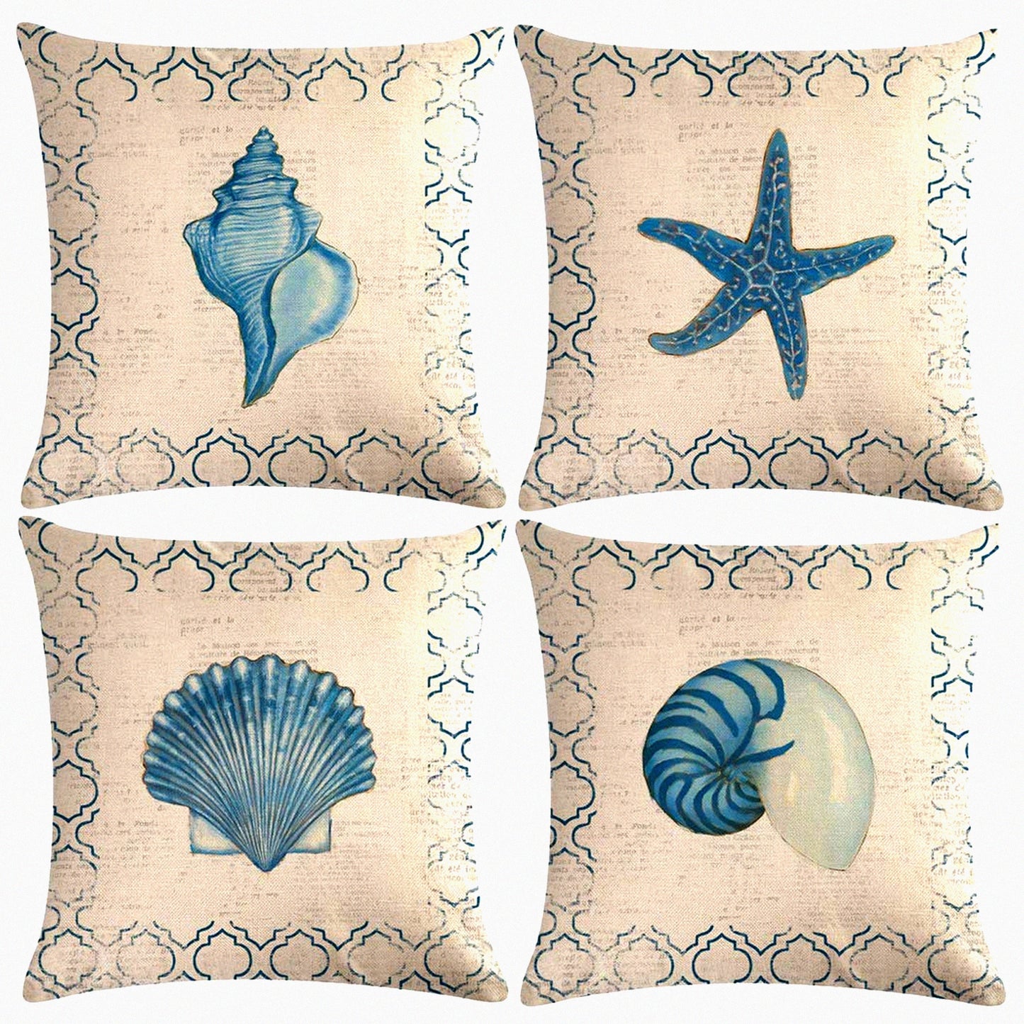 Sea Breeze Nautical Pillow Covers Set - Coastal Beach Starfish & Shell Cushion Cover Collection - Navigation Sailing Cotton Linen Decorative Pillowcases - 18x18 for Sofa Couch Porch