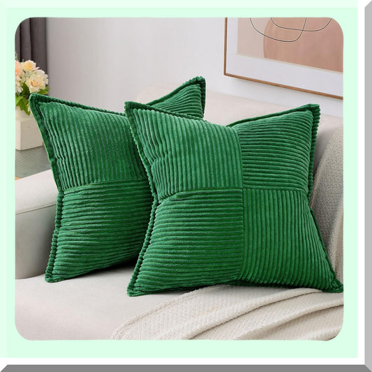 Luxury Emerald Green Corduroy Throw Pillow Covers - Set of 2, 22x22 Inch Square Cushion Cases with Soft Striped Design for Winter Home Decor - Couch and Bed Accessories