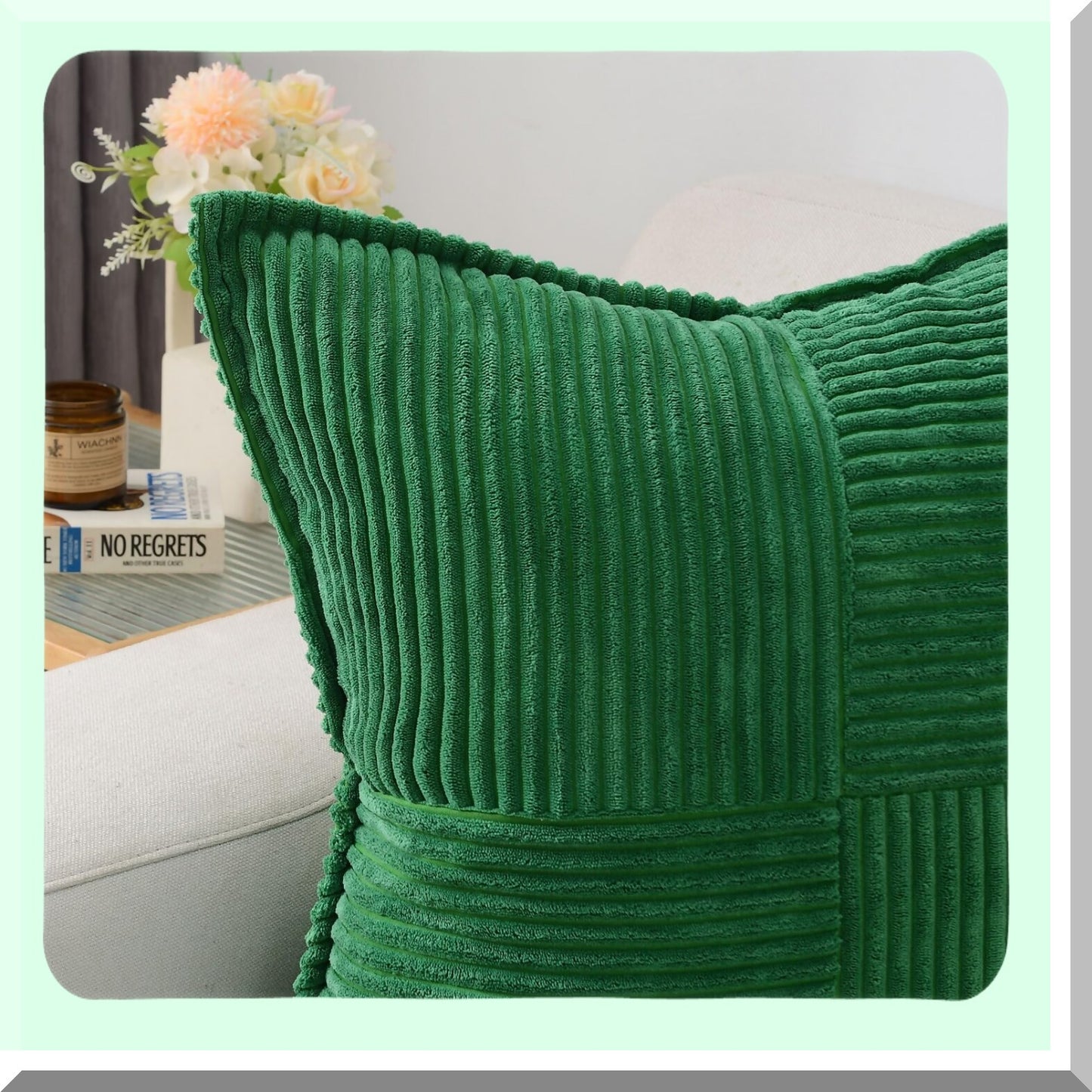 Luxury Emerald Green Corduroy Throw Pillow Covers - Set of 2, 22x22 Inch Square Cushion Cases with Soft Striped Design for Winter Home Decor - Couch and Bed Accessories