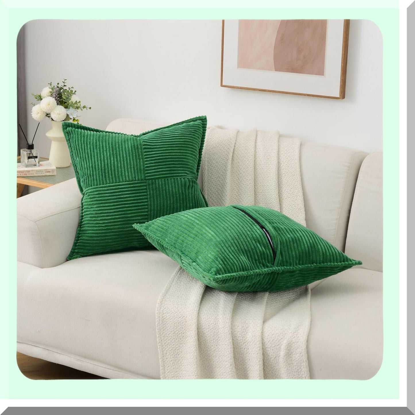 Luxury Emerald Green Corduroy Throw Pillow Covers - Set of 2, 22x22 Inch Square Cushion Cases with Soft Striped Design for Winter Home Decor - Couch and Bed Accessories
