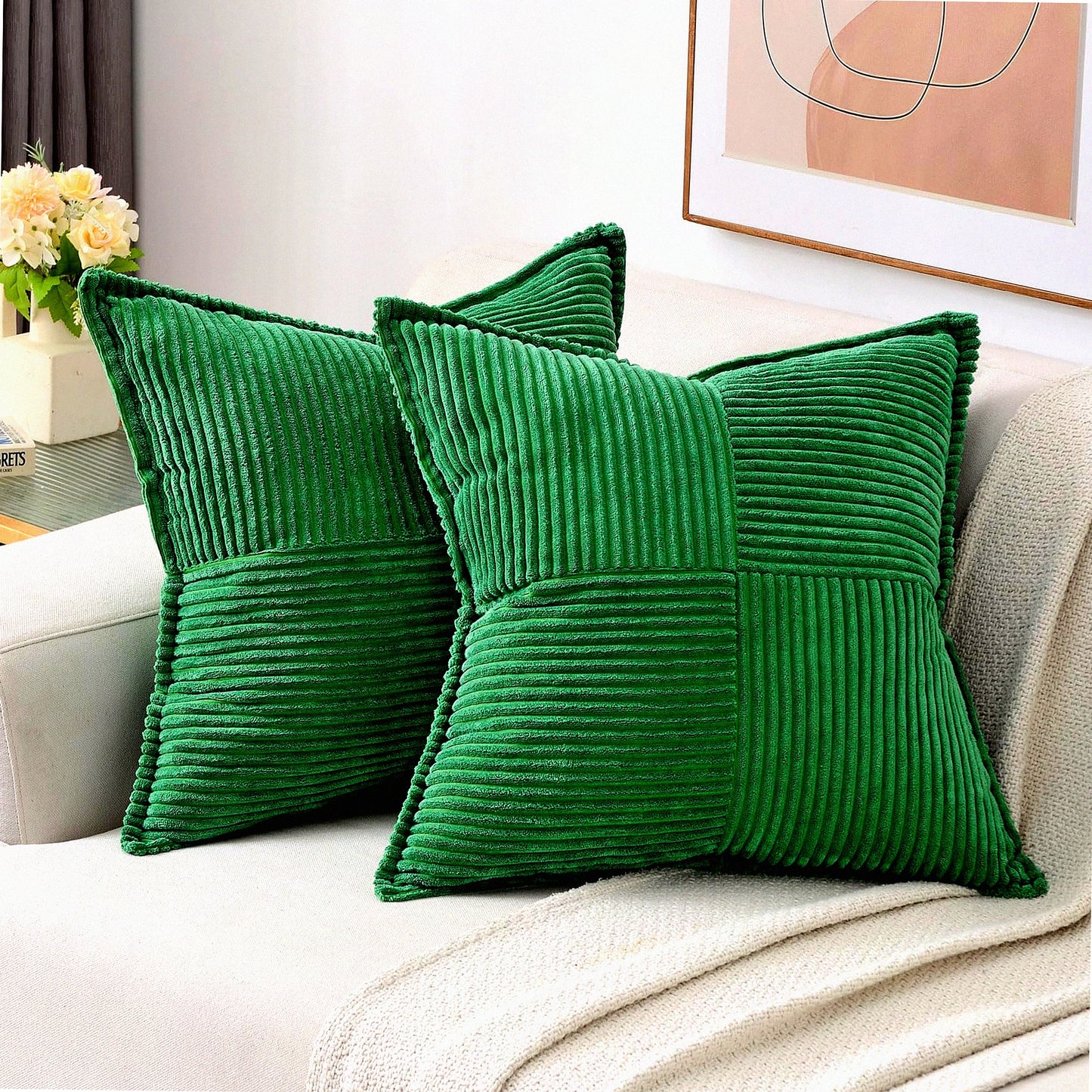 Luxury Emerald Green Corduroy Throw Pillow Covers - Set of 2, 22x22 Inch Square Cushion Cases with Soft Striped Design for Winter Home Decor - Couch and Bed Accessories