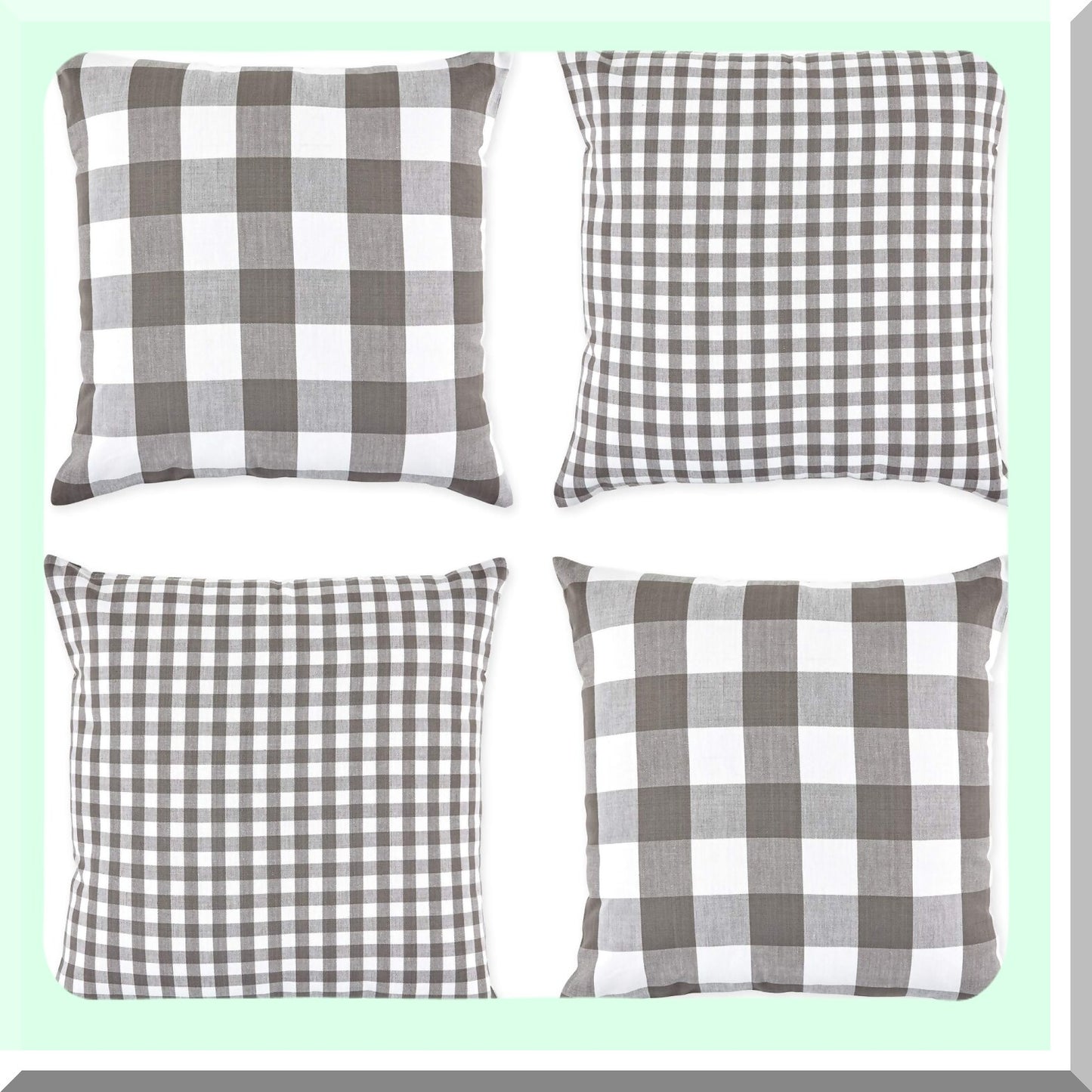 Gingham Gray Cotton Pillow Cover Set - 18x18 Decorative Square Throw, Hidden Zipper, Machine Washable - 4 Piece Collection