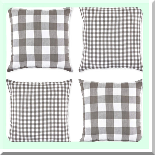 Gingham Gray Cotton Pillow Cover Set - 18x18 Decorative Square Throw, Hidden Zipper, Machine Washable - 4 Piece Collection