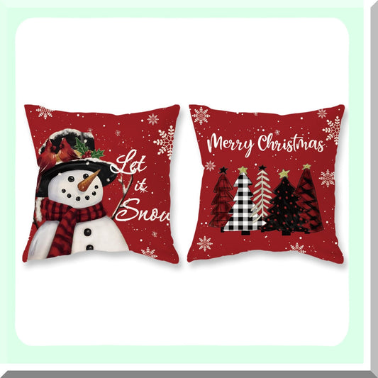 Snowman Trees Xmas Pillow Covers - Set of 2 18x18 Throw Cushion Cases for Couch Sofa. Let it Snow Lumbar Home Decorations.