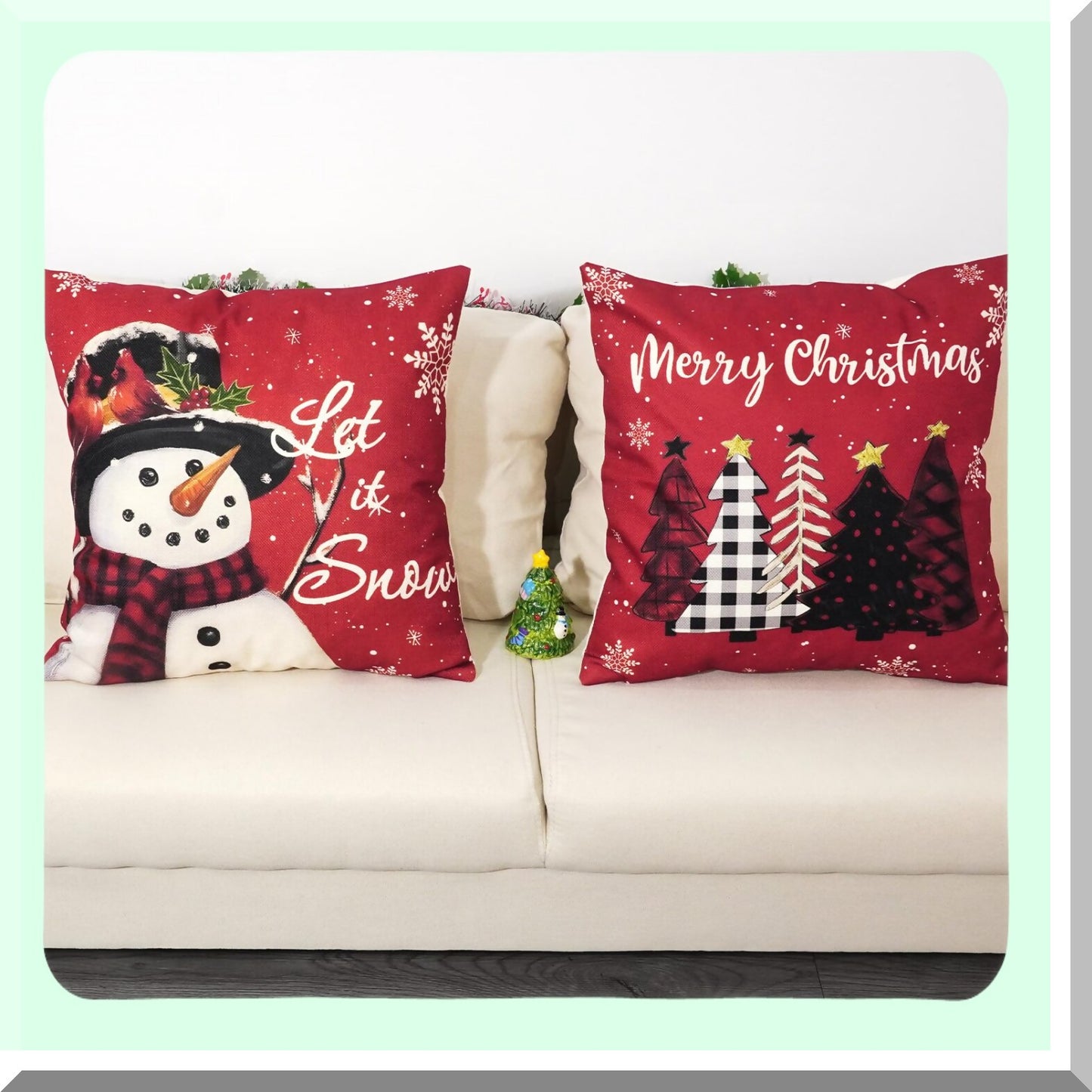 Snowman Trees Xmas Pillow Covers - Set of 2 18x18 Throw Cushion Cases for Couch Sofa. Let it Snow Lumbar Home Decorations.