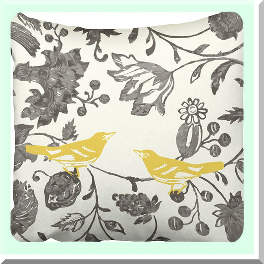 Vintage Floral Bird Decorative Throw Pillow Cover - Trendy Yellow Gray Ivory Square Pillowcase 16x16 Inches with Hidden Zipper - Holiday Sofa Bed Cushion