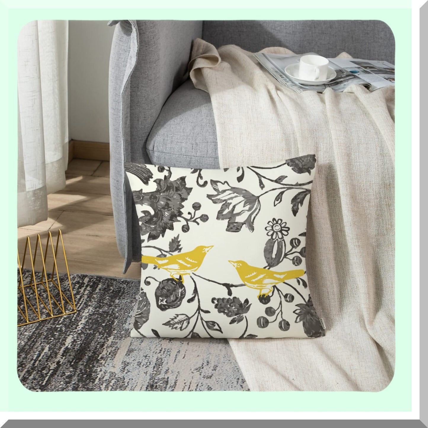 Vintage Floral Bird Decorative Throw Pillow Cover - Trendy Yellow Gray Ivory Square Pillowcase 16x16 Inches with Hidden Zipper - Holiday Sofa Bed Cushion