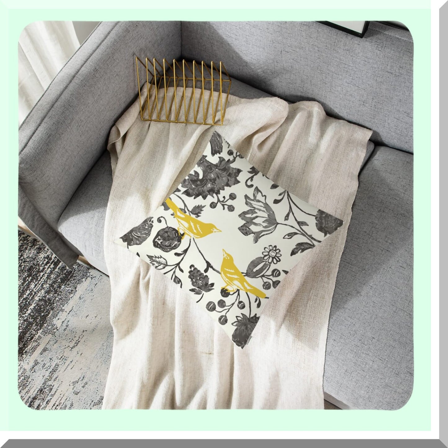 Vintage Floral Bird Decorative Throw Pillow Cover - Trendy Yellow Gray Ivory Square Pillowcase 16x16 Inches with Hidden Zipper - Holiday Sofa Bed Cushion