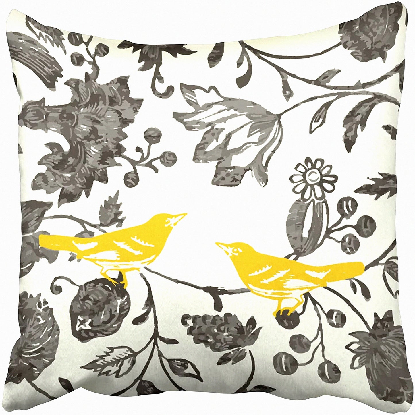 Vintage Floral Bird Decorative Throw Pillow Cover - Trendy Yellow Gray Ivory Square Pillowcase 16x16 Inches with Hidden Zipper - Holiday Sofa Bed Cushion