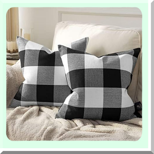 Gingham Buffalo Plaid Farmhouse Pillow Covers - Set of 2 Outdoor Indoor Decorative Throw Pillows, Black White Square Cases for Home Decor 18x18"