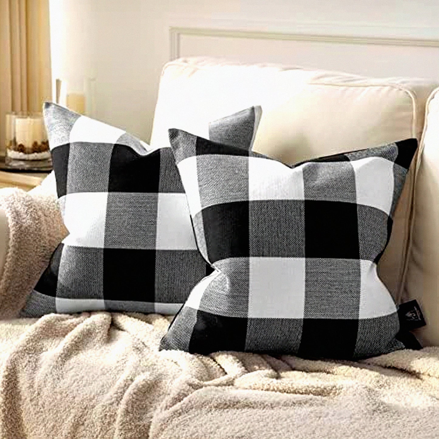 Gingham Buffalo Plaid Farmhouse Pillow Covers - Set of 2 Outdoor Indoor Decorative Throw Pillows, Black White Square Cases for Home Decor 18x18"