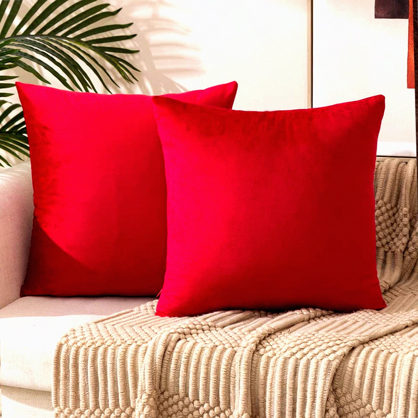Luxury Velvet Throw Pillow Set - 18x18 Pack of 2 Soft Red Decorative Cushion Covers with Inserts for Sofa, Bedroom, Car - Plush Home Decor Accessory