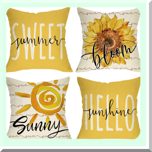 Sunflower Sunshine Decorative Pillow Cover Set - Seasonal Farmhouse Outdoor Home Decor - Sweet Summer Bloom Couch Cushion Case - Yellow Flower Porch Throw Pillow 18x18, Set of 4