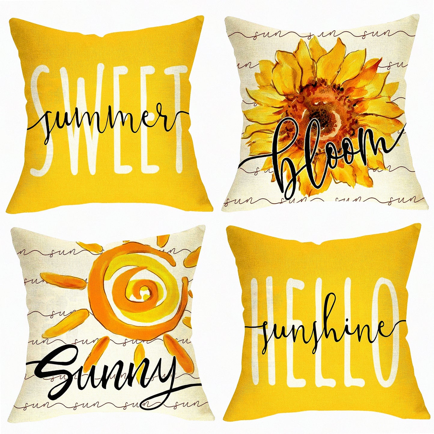 Sunflower Sunshine Decorative Pillow Cover Set - Seasonal Farmhouse Outdoor Home Decor - Sweet Summer Bloom Couch Cushion Case - Yellow Flower Porch Throw Pillow 18x18, Set of 4