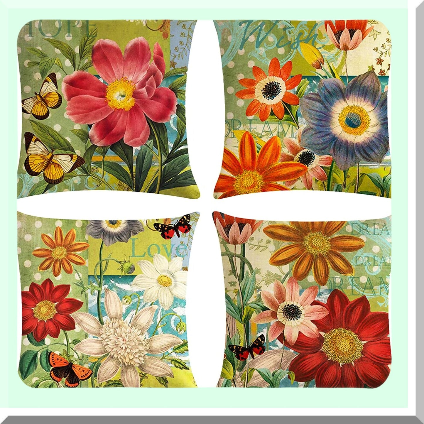 Floral Bliss Soft Pillow Covers - Set of 4, Hand Painted Flowers Pattern Decorative Cushion Cases, 18x18 inches, Home Decor Accent