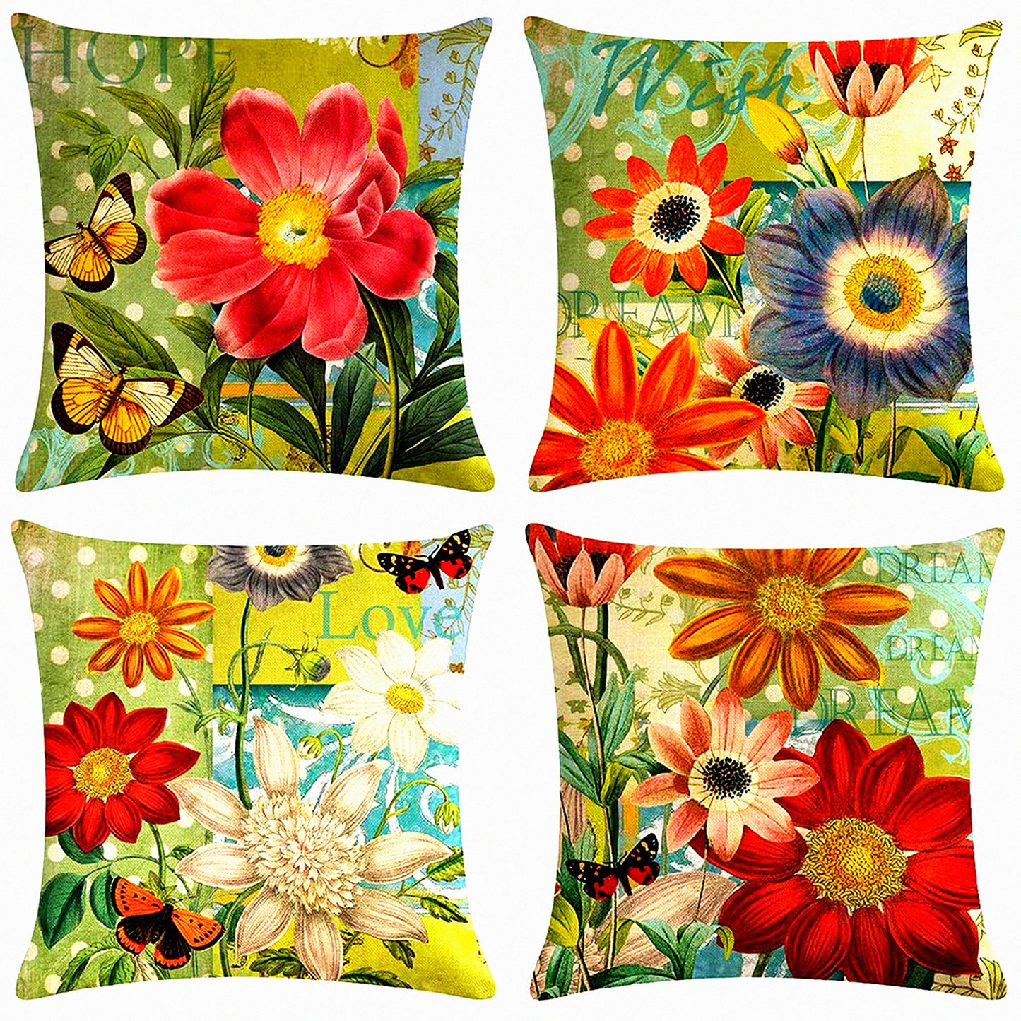 Floral Bliss Soft Pillow Covers - Set of 4, Hand Painted Flowers Pattern Decorative Cushion Cases, 18x18 inches, Home Decor Accent