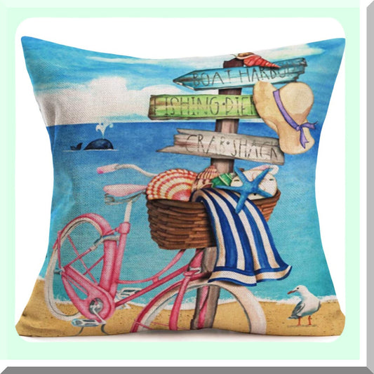 Beach Bliss Pillow Covers - Coastal Decorative Cushion Cases with Pink Bicycle, Starfish, Conch, and Seagull Design for Summer Home Decor 18" x 18"