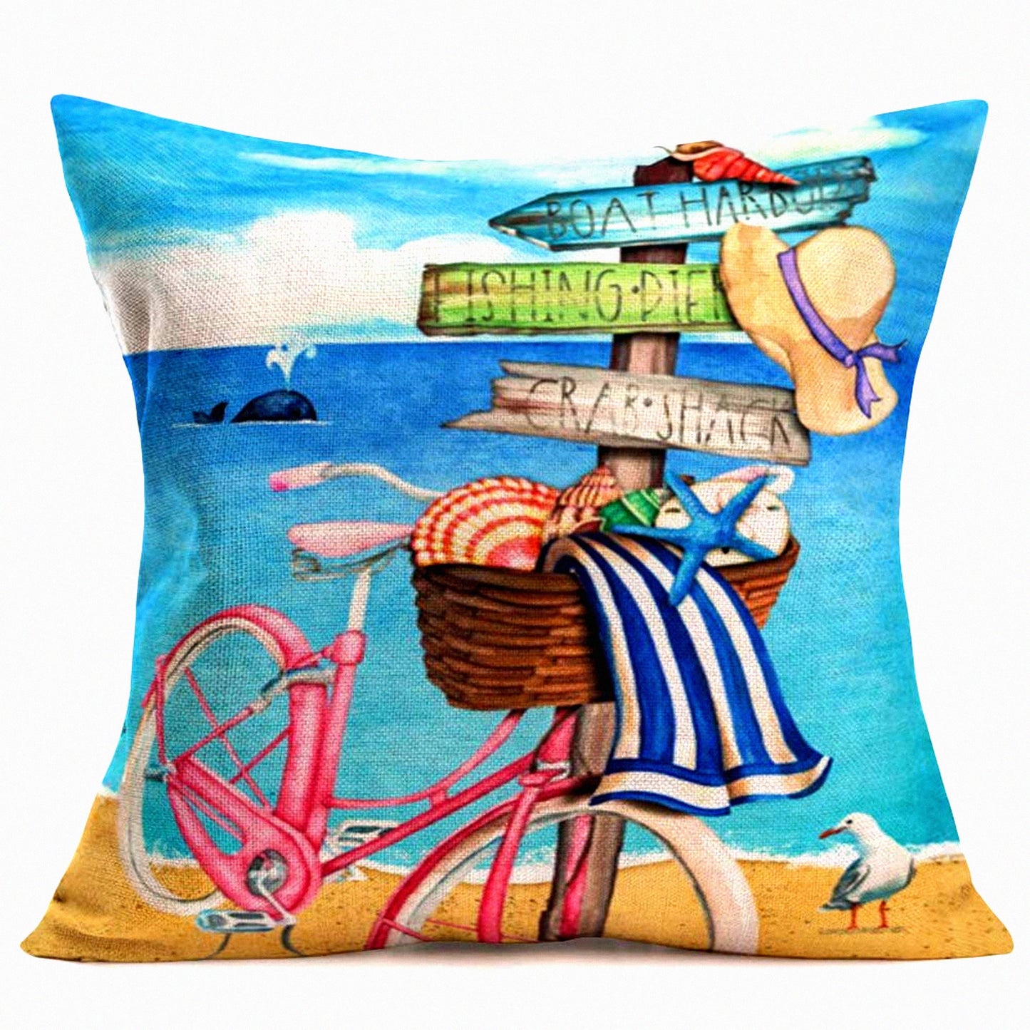 Beach Bliss Pillow Covers - Coastal Decorative Cushion Cases with Pink Bicycle, Starfish, Conch, and Seagull Design for Summer Home Decor 18" x 18"