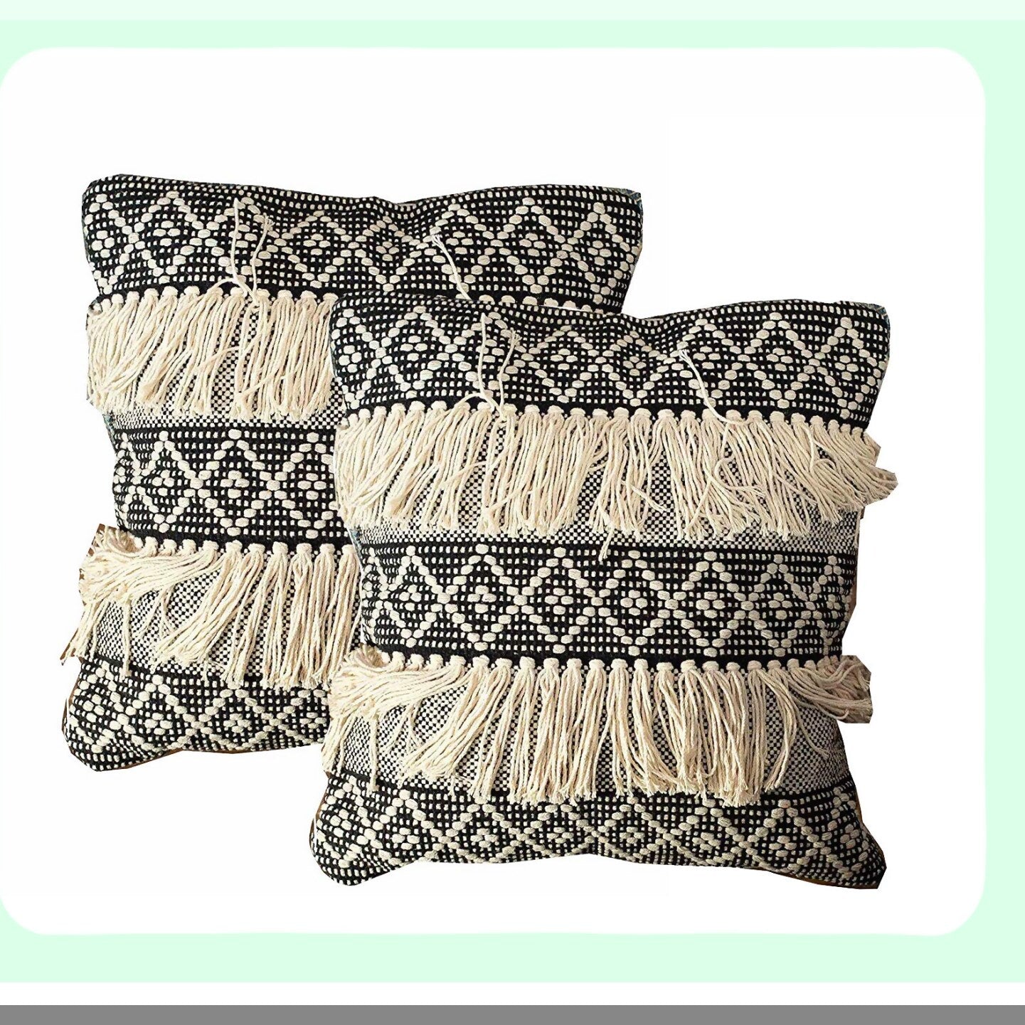 Diamond Fringe Boho Pillow Covers - Set of 2 Decorative Throw Pillow Covers 20x20 - Black Ivory Farmhouse Pillow Cover with Woven Design