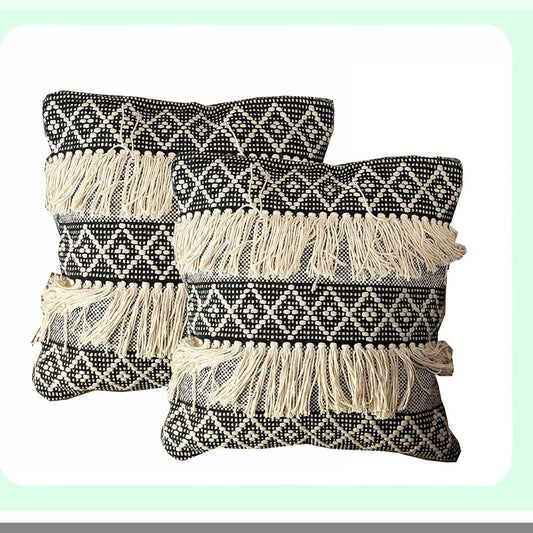 Diamond Fringe Boho Pillow Covers - Set of 2 Decorative Throw Pillow Covers 20x20 - Black Ivory Farmhouse Pillow Cover with Woven Design