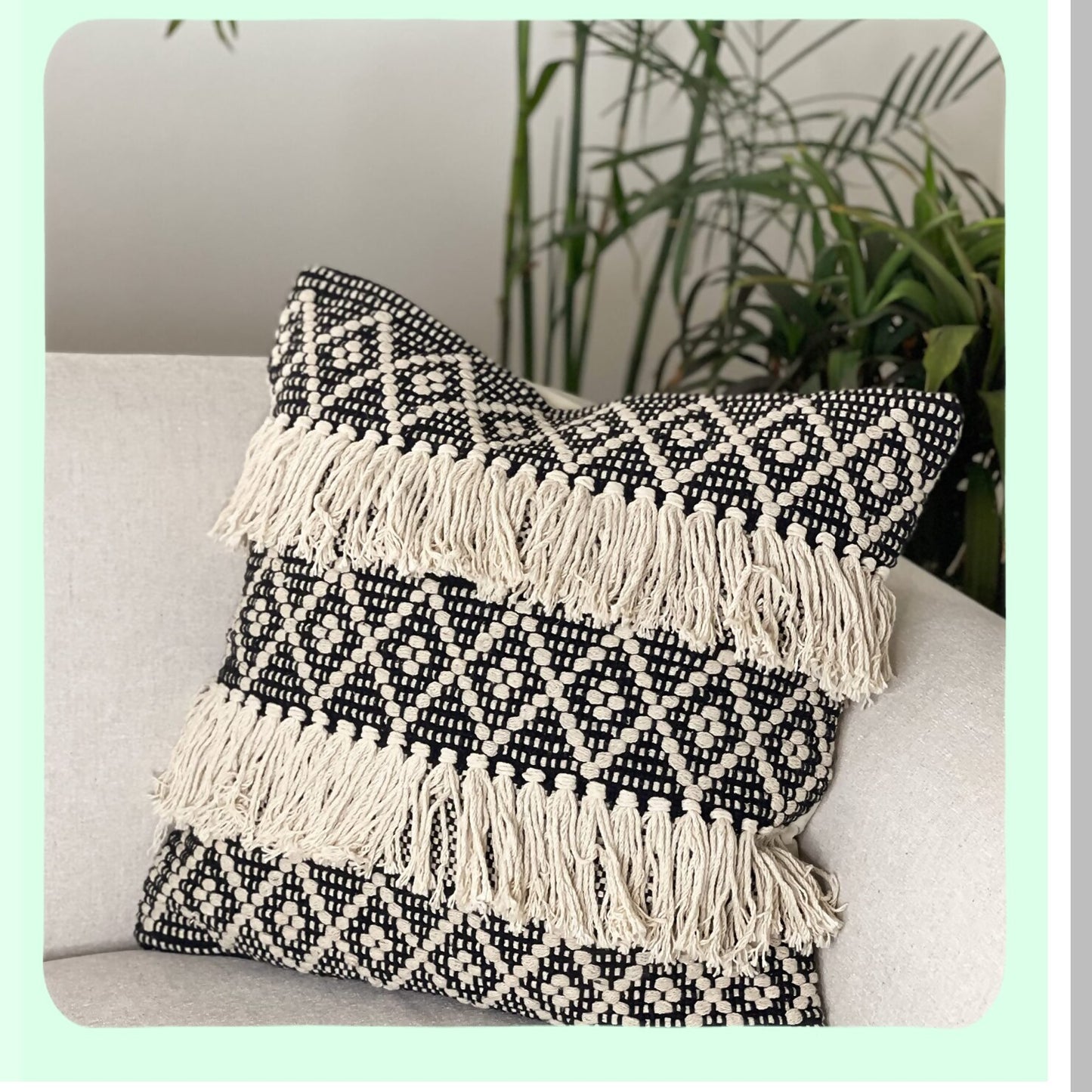 Diamond Fringe Boho Pillow Covers - Set of 2 Decorative Throw Pillow Covers 20x20 - Black Ivory Farmhouse Pillow Cover with Woven Design
