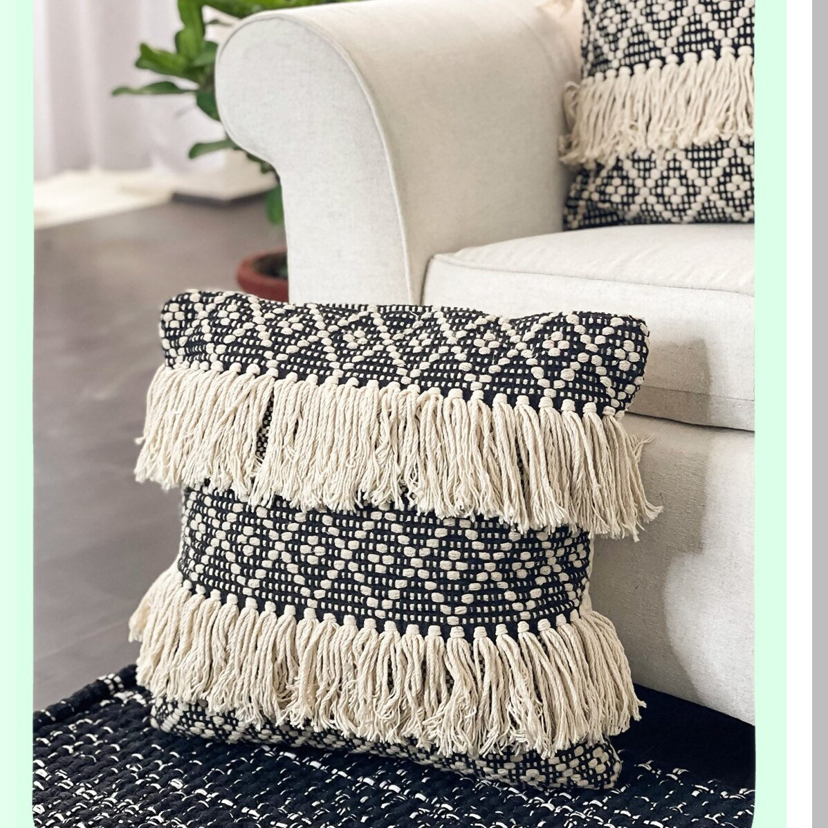Diamond Fringe Boho Pillow Covers - Set of 2 Decorative Throw Pillow Covers 20x20 - Black Ivory Farmhouse Pillow Cover with Woven Design