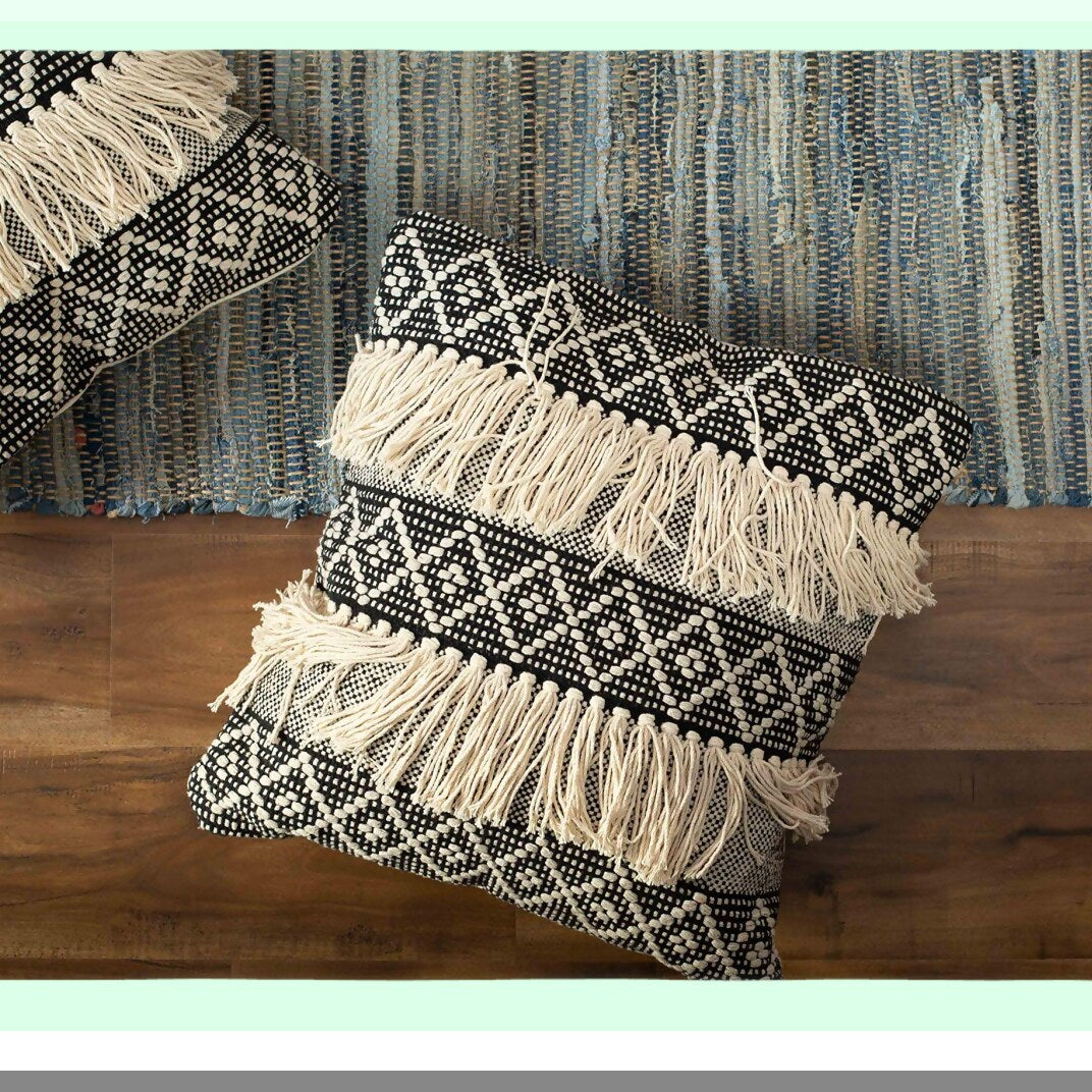Diamond Fringe Boho Pillow Covers - Set of 2 Decorative Throw Pillow Covers 20x20 - Black Ivory Farmhouse Pillow Cover with Woven Design