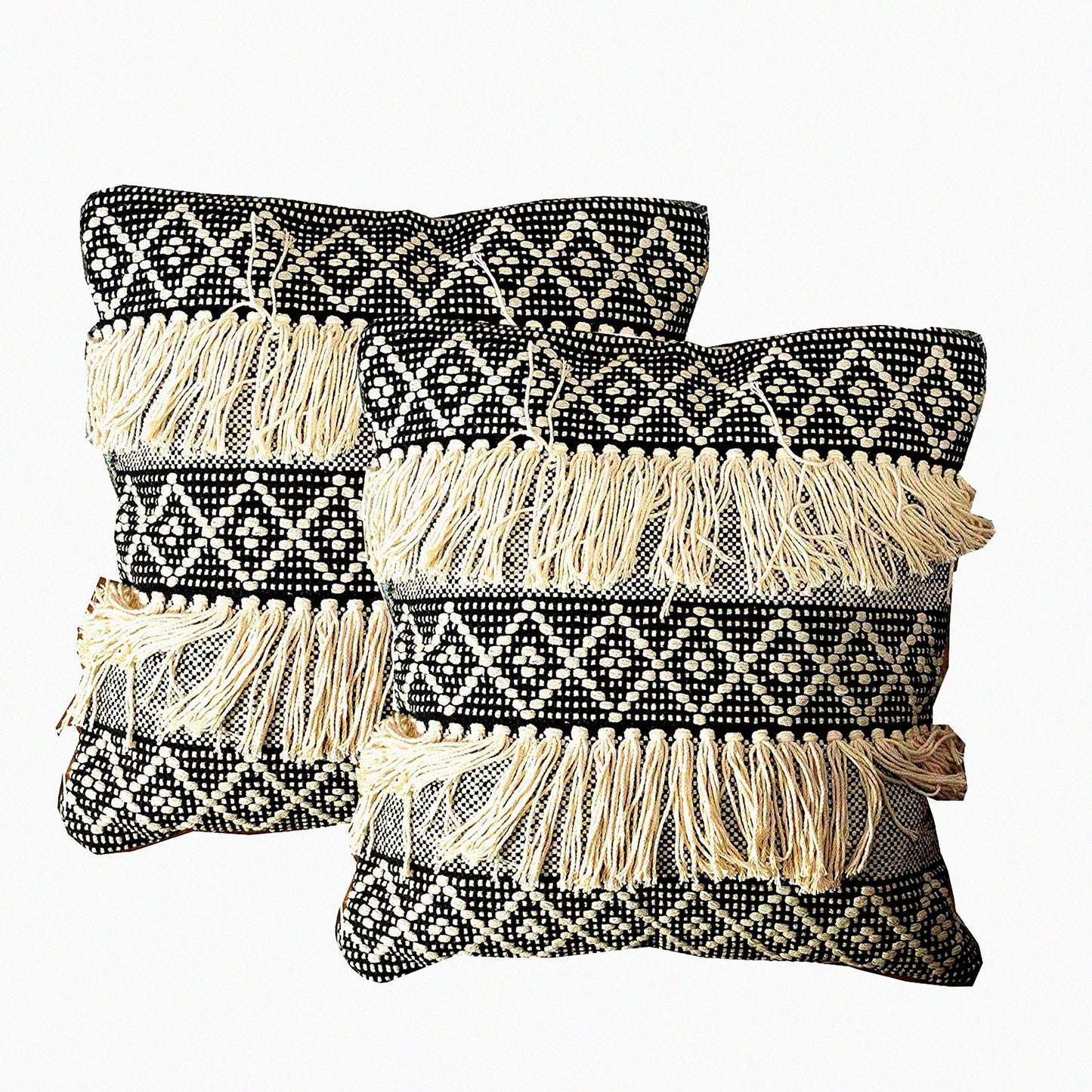 Diamond Fringe Boho Pillow Covers - Set of 2 Decorative Throw Pillow Covers 20x20 - Black Ivory Farmhouse Pillow Cover with Woven Design